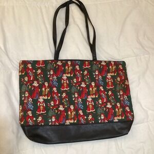 Vintage Santa Claus Print Tote Bag Faux Leather Bottom Holiday Christmas